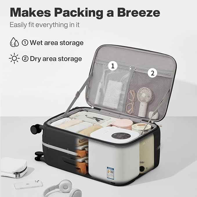 mixi 24 Inch Carry On Luggage 22x14x9 Airline Approved PC Hard Shell Suitcase Top Opening Aluminum Frame Travel Suitcases with Wheels, Blcak
