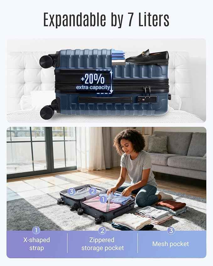 LIGHT FLIGHT Luggage Sets, Carry On Luggage 22x14x9 Airline Approved, Carry On Travel Bag Suitcases with Wheels, Expandable Hardside Lightweight Rolling with TSA Lock 2-Piece Set (DB/20),Royal Blue