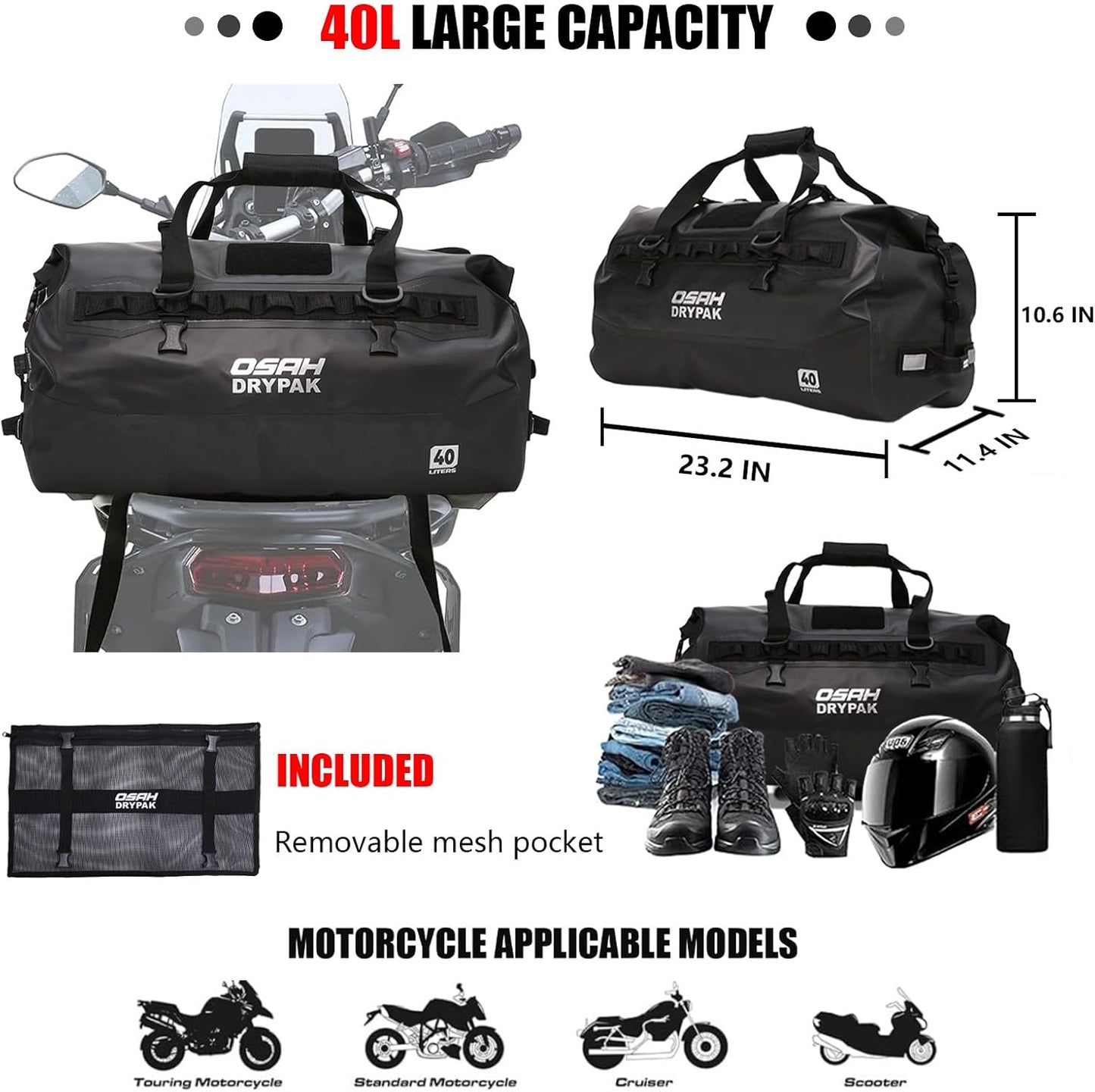 Waterproof Duffel Bag - Motorcycle Dry Bag 40L Tail Bag with Large Storage Space, Waterproof Duffle Bags with Outer Mesh Zipper Pocket for Camping, Kayaking, Fishing & Traveling-Green