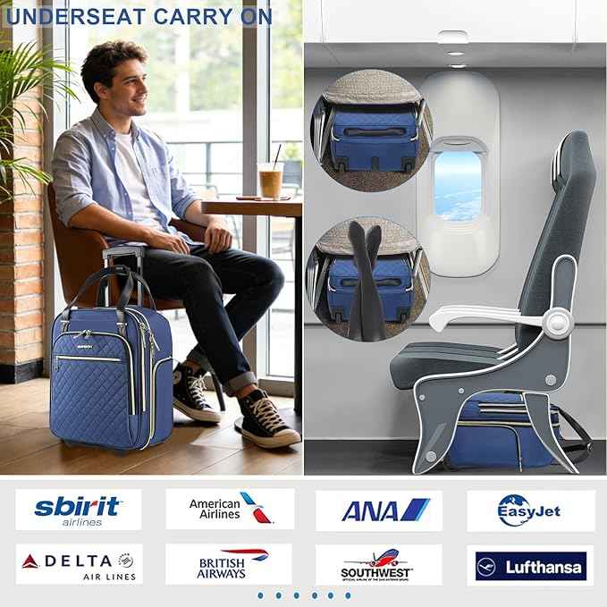 EMPSIGN Underseat Carry On Wheeled - 16" Carry on Bag with Wheels Multi-functional Lightweight Rolling Bag Overnight Weekender Small Suitcase for Women Men Travel Business, Haze Blue-Gold Zipper