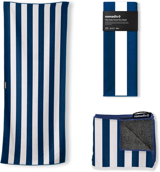 Nomadix Original Towel - Perfect for Beach, Pool, Travel, Camping, Yoga - Made with Recycled Materials - Super Absorbent - Sand Resistant - Cabana Stripe Dark Blue - 72.5x30