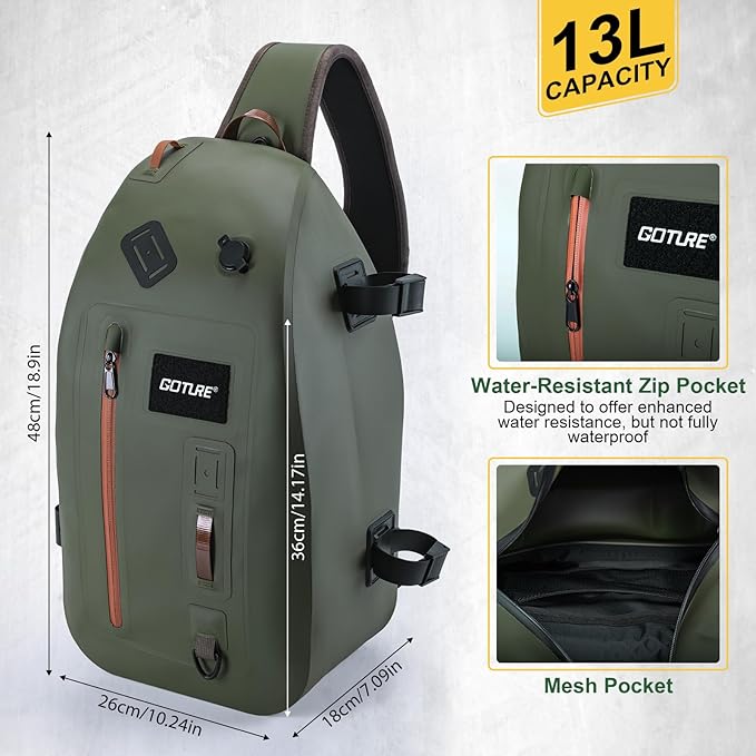 Goture Waterproof Fly Fishing Sling Pack, IPX8 840D TPU Fishing Sling Bag, 13L Tackle Backpack with Rod Holder,Airtight Zipper,Exhaust Valve,Adjustable Strap for Kayaking,Wadering,Hiking