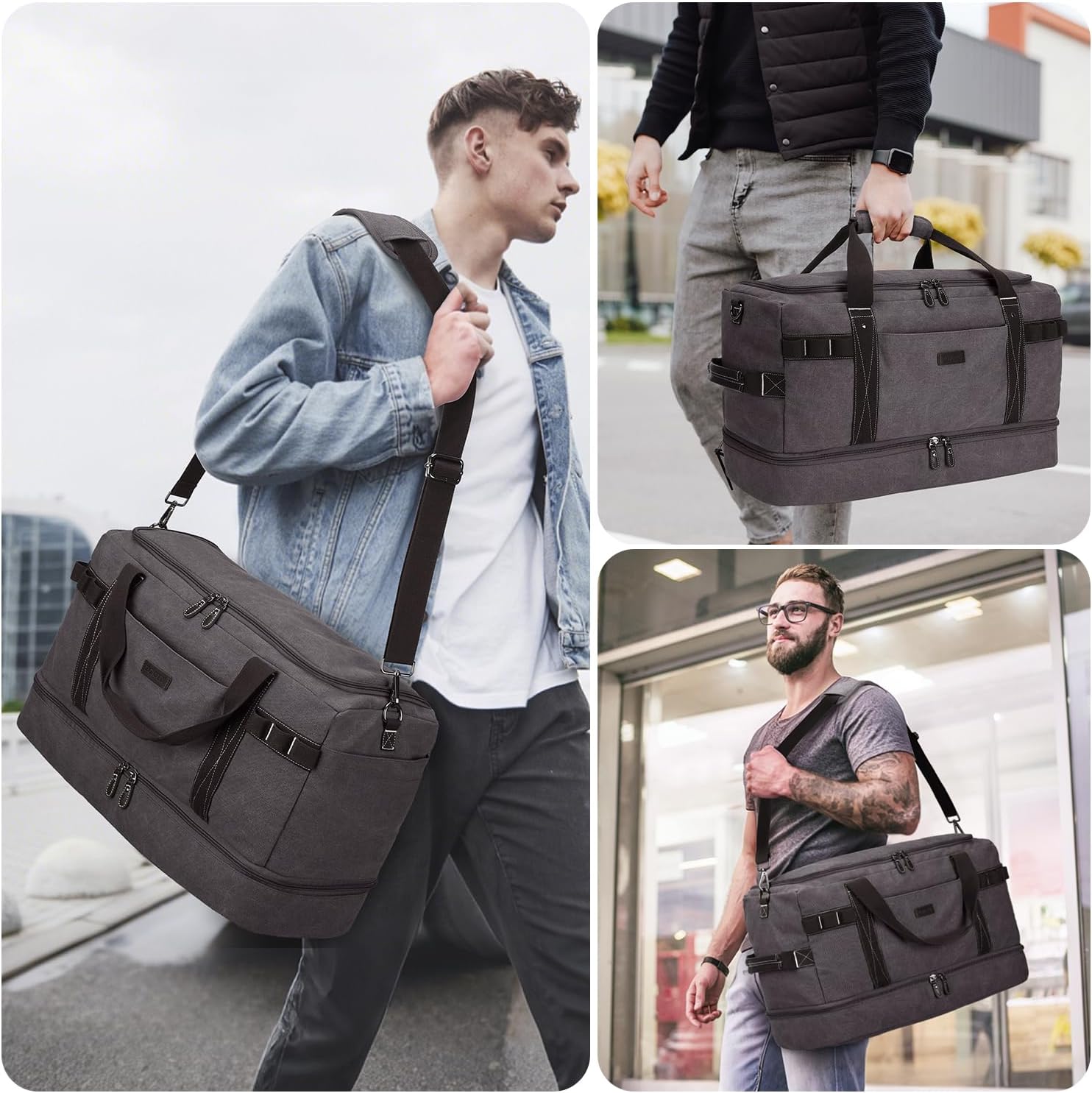 ZOMFELT Travel Duffle Bag for Men Women, Waterproof Canvas Overnight Duffel Bag with Removable Dividers & Shoe Compartment, Carry On Weekender Gym bag, Multi-Pocket & Vintage Design (Washed Grey) - Roamly