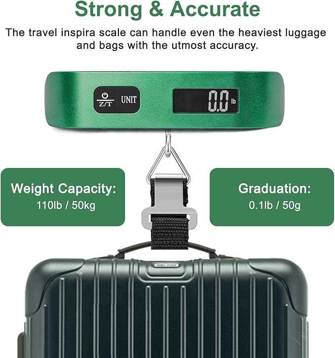 travel inspira Luggage Scale, Portable Digital Hanging Baggage Scale for Travel, Suitcase Weight Scale with Rubber Paint, 110 Pounds, Battery Included