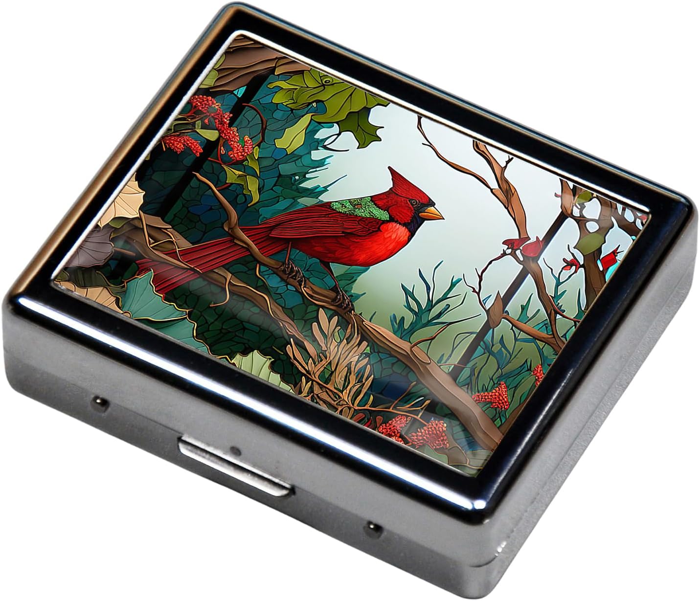 Silver Vintage Pill Box 7 Day Metal Pill Box with Mirror and 8 Compartments Cute Travel Pill Organizer for Purse (Cardinal Stained Glass)