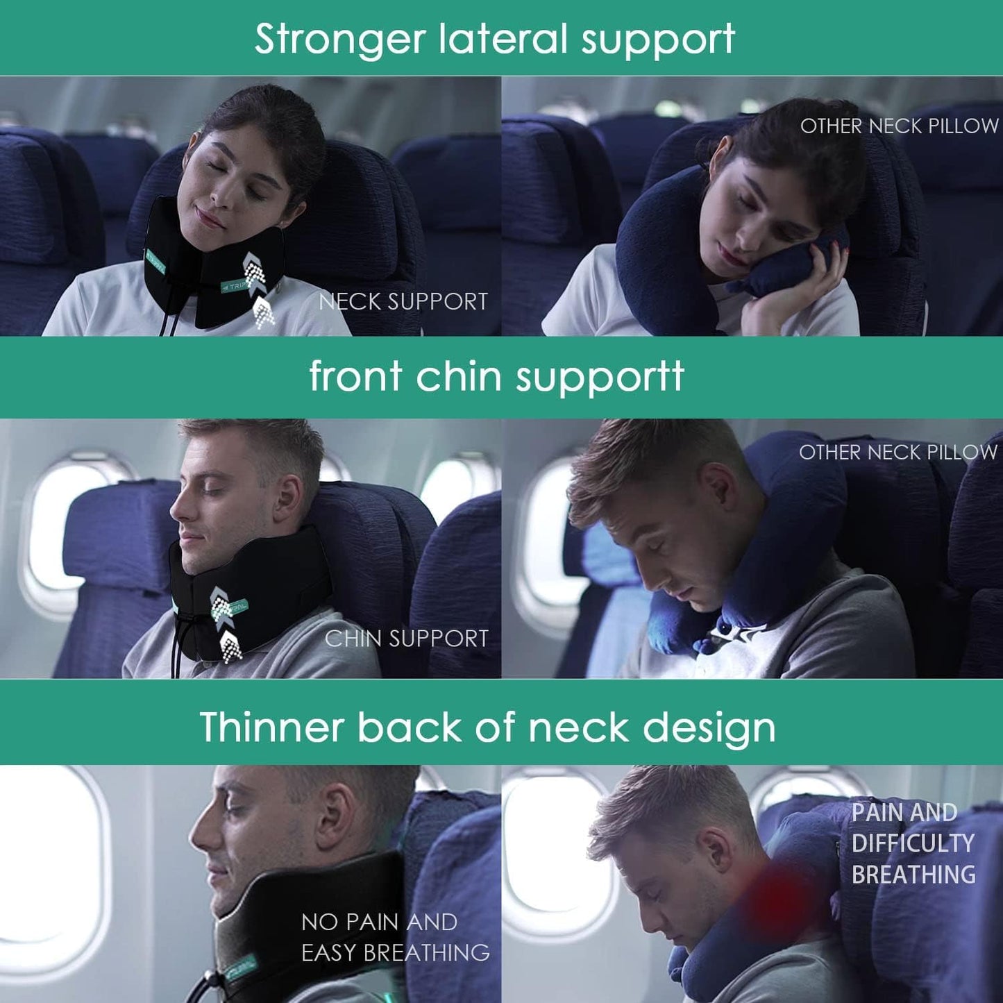 Travel Pillow, Super Neck Chin Head Support, Memory Foam, Neck Pillows for Travel Sleeping Airplane Car Office with Compact Carry Bag Black Small