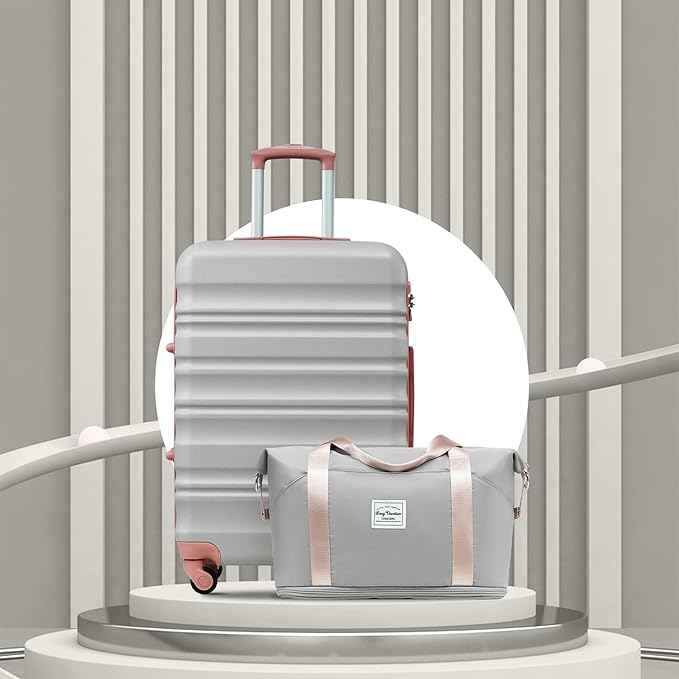 LONG VACATION 6 Piece Luggage Set Carry on Suitcase with ABS+PC hardshell, Spinner Wheels & YKK Zipper TSA Lock (GREY-PINK, 6 piece set)