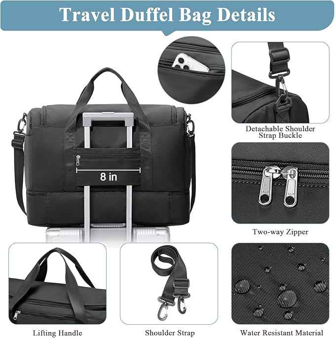 Large Travel Duffle Bag,Carry on Overnight Weekend Bag with Shoes Compartment,Weekender Bags for Women for Travel Business Trips Sport Hospital,Black