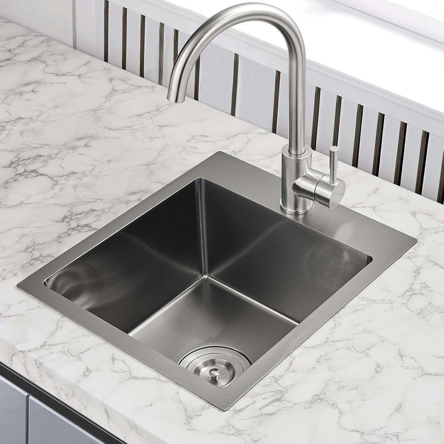 POPFLY Kitchen Sink, 15×17 Inch Drop In Black Small Kitchen Sinks, 18 Gauge Stainless Steel Bar Prep Rv Single Bowl Utility Sink, Fregaderos De Cocina Modernos