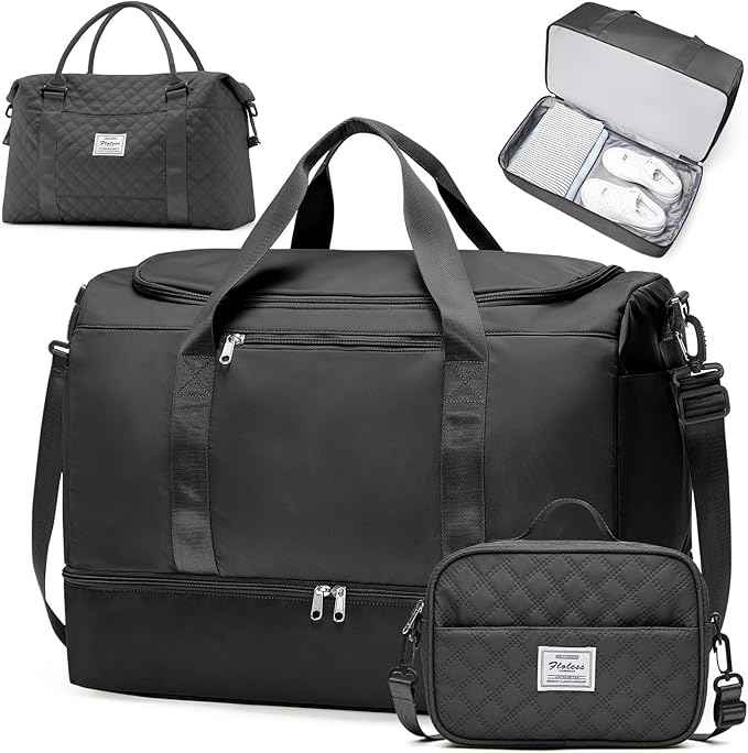 Large Travel Duffle Bag,Carry on Overnight Bag with Shoes Compartment,Weekender Bags for Women for Travel Business Trips Sport Hospital,3 Pcs Set,Black