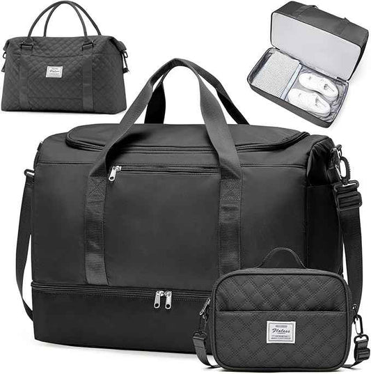 Large Travel Duffle Bag,Carry on Overnight Bag with Shoes Compartment,Weekender Bags for Women for Travel Business Trips Sport Hospital,3 Pcs Set,Black