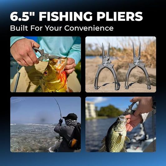 GOMEXUS Titanium Fishing Pliers 6.5'' with Side Cutters, Never Rust Hook Remover, Saltwater Resistant Fishing Tools for Inshore, Nearshore, Jigging Fishing