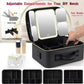 Mid-Size Makeup Bag with LED 1X5X10X20X30X Magnifying Mirror and Travel Makeup Train Case Cosmetic Organiser with Mirror and Separate Makeup Brush Panel, Portable Adjustable Divider, Black