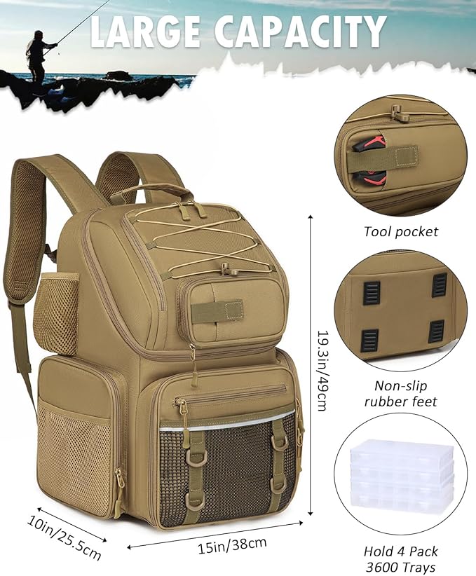 HAMBOLY Fishing Backpack with Tackle Boxes, 50L Fishing Tackle Bag with Cooler & Rod Holders, Waterproof Tackle Bag for Men
