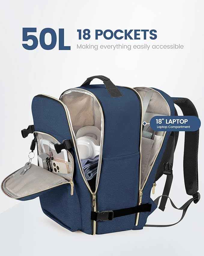 LOVEVOOK Travel Backpack for Women & Men 50L,Airline Approved Carry On Backpack Travel Essentials,TSA Carry on Luggage,Waterproof Personal Item Travel Bag,Suitcase with 3 Packing Cube,Blue green-Black
