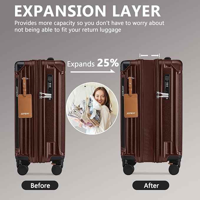 Joyway Carry On Luggage, Expandable Suitcase with Smart Cup Holder and USB Port, 20 IN Hardside Checked with TSA Lock Spinner Double Wheels (Coffe, Carry-On 20-Inch)