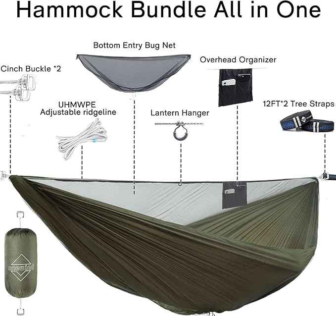 OneWind 11ft Portable Camping Hammock with Mosquito Net, Adjustable Ridgeline Double Hammock with 2*12Ft Tree Straps, Coyote Brown