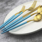 Gugrida 20-Piece 18/10 Stainless Steel Flatware Silverware, Luxury Dinnerware Set Travel Cutlery Tableware Include Knife Fork Spoon Service for 4, Dishwasher Safe (Blue Handle Matte Gold)
