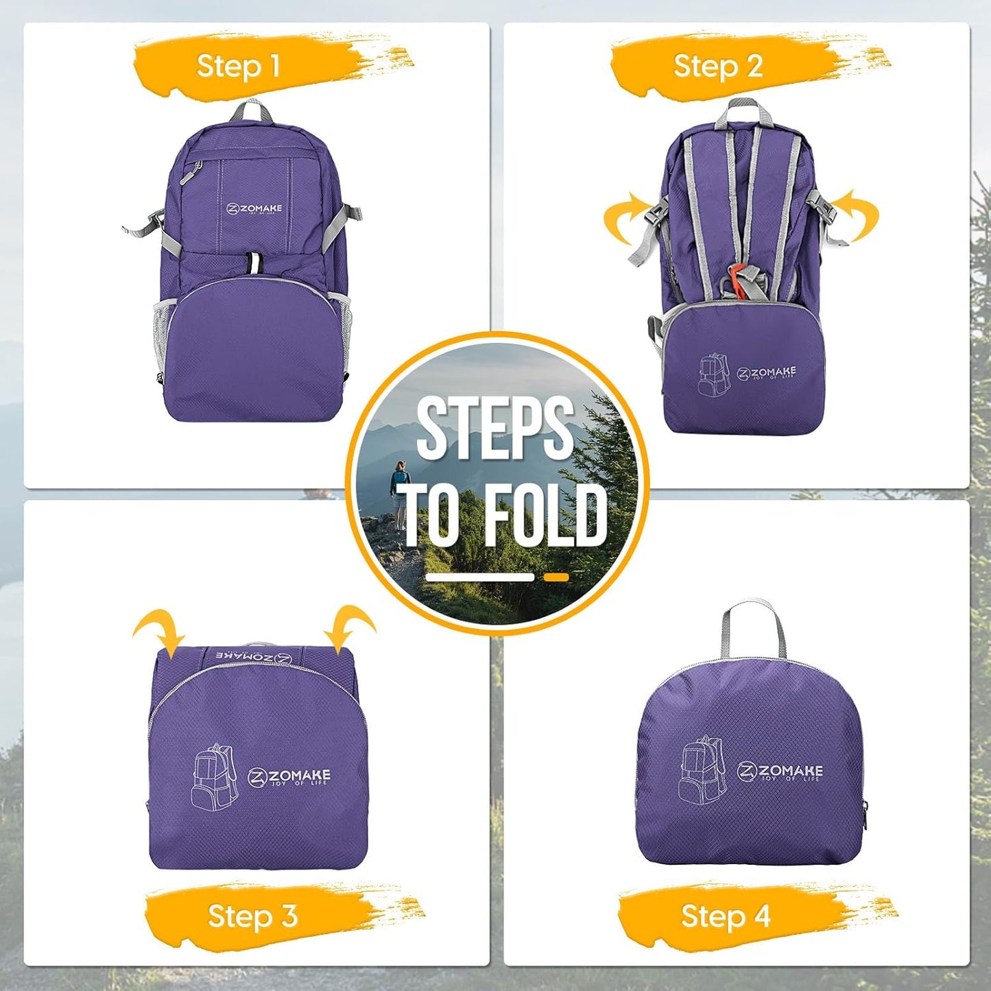 ZOMAKE Lightweight Packable Backpack 35L, Light Foldable Backpacks Water Resistant Collapsible Hiking Bag, Compact Folding Day Pack for Travel Camping(Purple) - Roamly