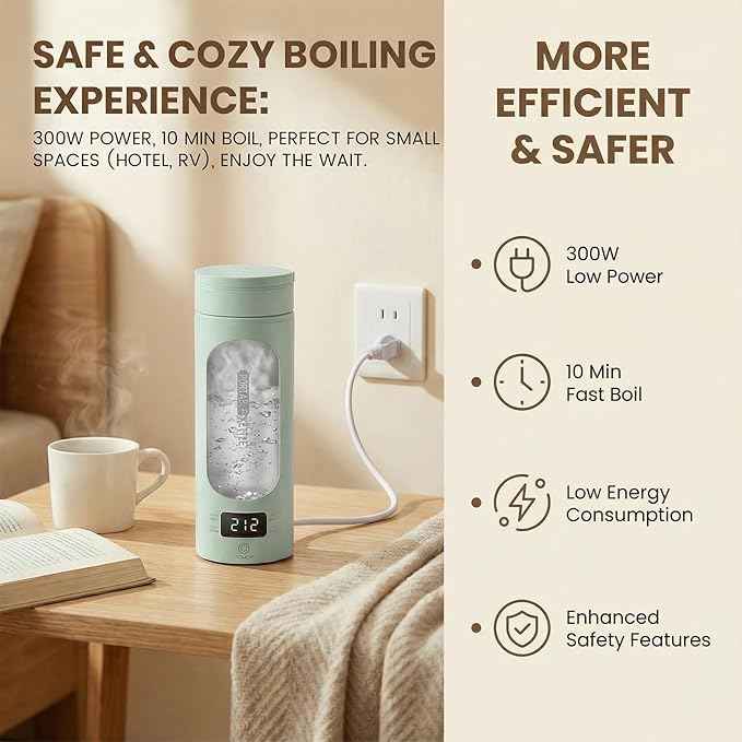 Portable Electric Kettle forTravel, Small Hot Water Kettle with NTC Temperature Control and Auto Shut-Off, 316 Stainless Steel, Green 120V & 15oz