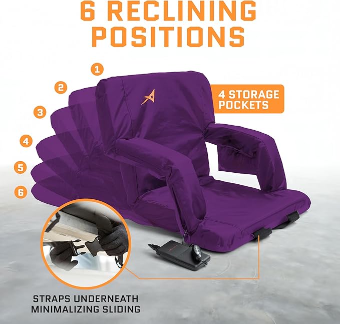 ACELETIQS Heated Stadium Seats for Bleachers with Back Support – USB Battery Included - Upgraded 3 Levels of Heat - Foldable Chair - 4 Pockets, Cup Holder - for Camping, Games & Sports (Purple)
