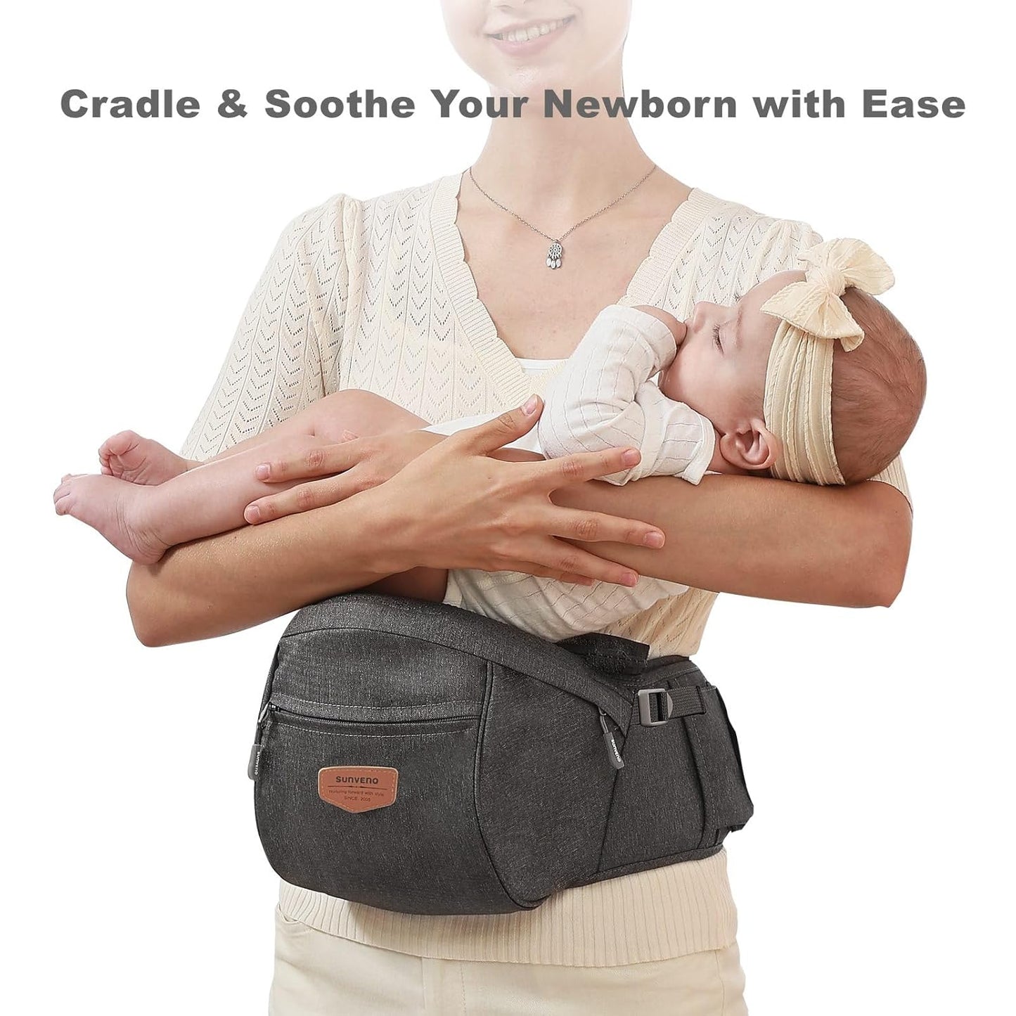 Sunveno Hip Baby Carrier with Seat,Ergonomic Baby Hip Carrier, Front-Facing Baby Holder, Anti-Slip Seat Surface, Wide and Adjustable Waistband, Multiple Pockets, Newborn to Toddler up to 45lbs, Grey