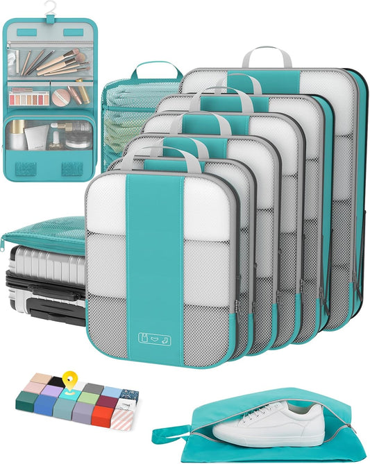 10 Set Compression Packing Cubes for Travel Essentials,Compressible Expandable Packing Cubes for Suitcase,OlarHike Luggage Organizer Bags for Travel,Handy Helper for Organizing Clothes(Blue Green) - Roamly