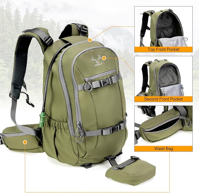 MOXULE Hunting Backpack Waterproof Pack: 25L Hunting Gear with Rain Cover,Hunting Day Pack with Rifle Bow Gun Holder (Green)