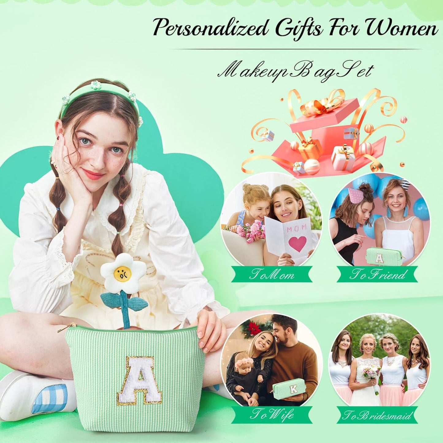 YOOLIFE Cute Makeup Bag for Girls Women Cosmetic Bags for Girls | Initial Make Up Bag | Personalized Gifts for Women Her | Bridal Shower Gifts | Christmas Gifts for Girls | Tween Girls Trendy Stuff S - Roamly