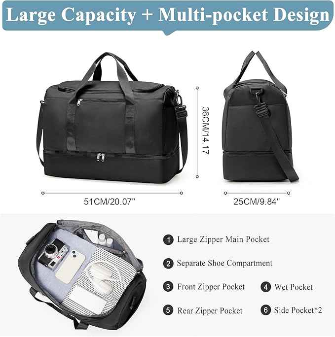 Large Travel Duffle Bag,Carry on Overnight Weekend Bag with Shoes Compartment,Weekender Bags for Women for Travel Business Trips Sport Hospital,Black