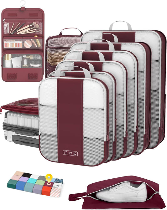 10 Set Compression Packing Cubes for Travel Essentials,Compressible Expandable Packing Cubes for Suitcase,OlarHike Luggage Organizer Bags for Travel,Handy Helper for Organizing Clothes(Wine Red) - Roamly