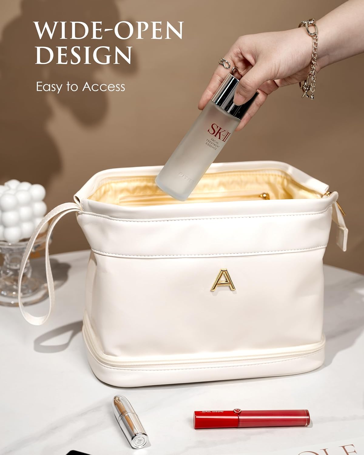 Birthday Gifts-Teen Girl Gifts Trendy Stuff Initial Large Makeup Bag for Women, Personalized Double Layer Cosmetic Bag with Makeup Brush Organizer, PU Leather Travel Toiletry Bag,Bride Gift