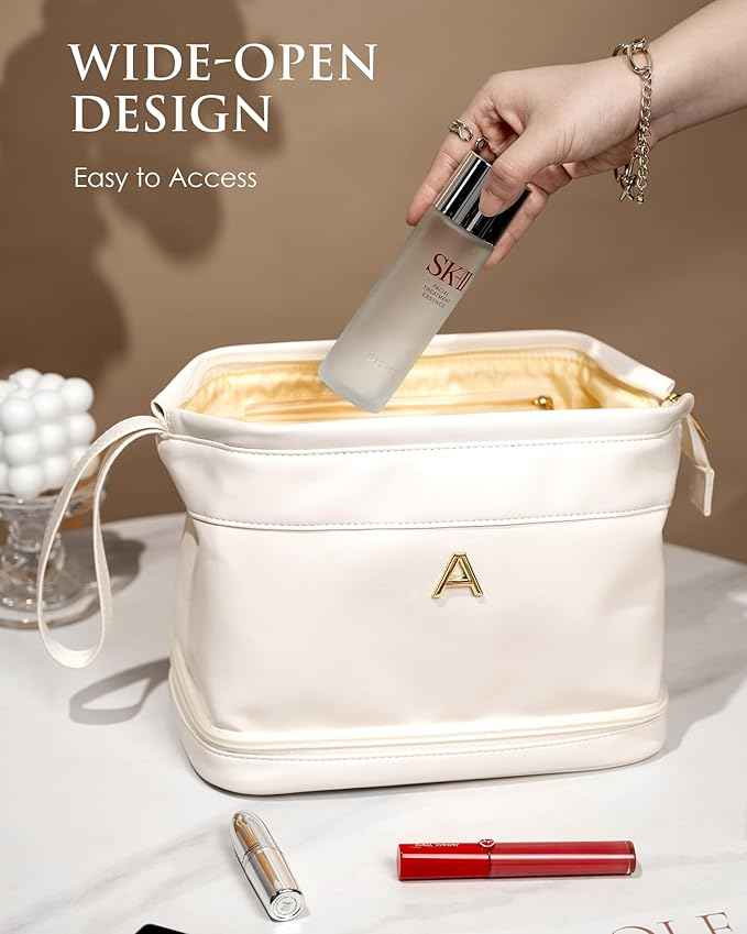 Personalized Gifts, Initial Makeup Bag, Personalized Double Layer Cosmetic Bag with Makeup Brush Organizer, Large Capacity PU Leather Travel Toiletry Bag Bride Gifts, Bridal Party Gifts