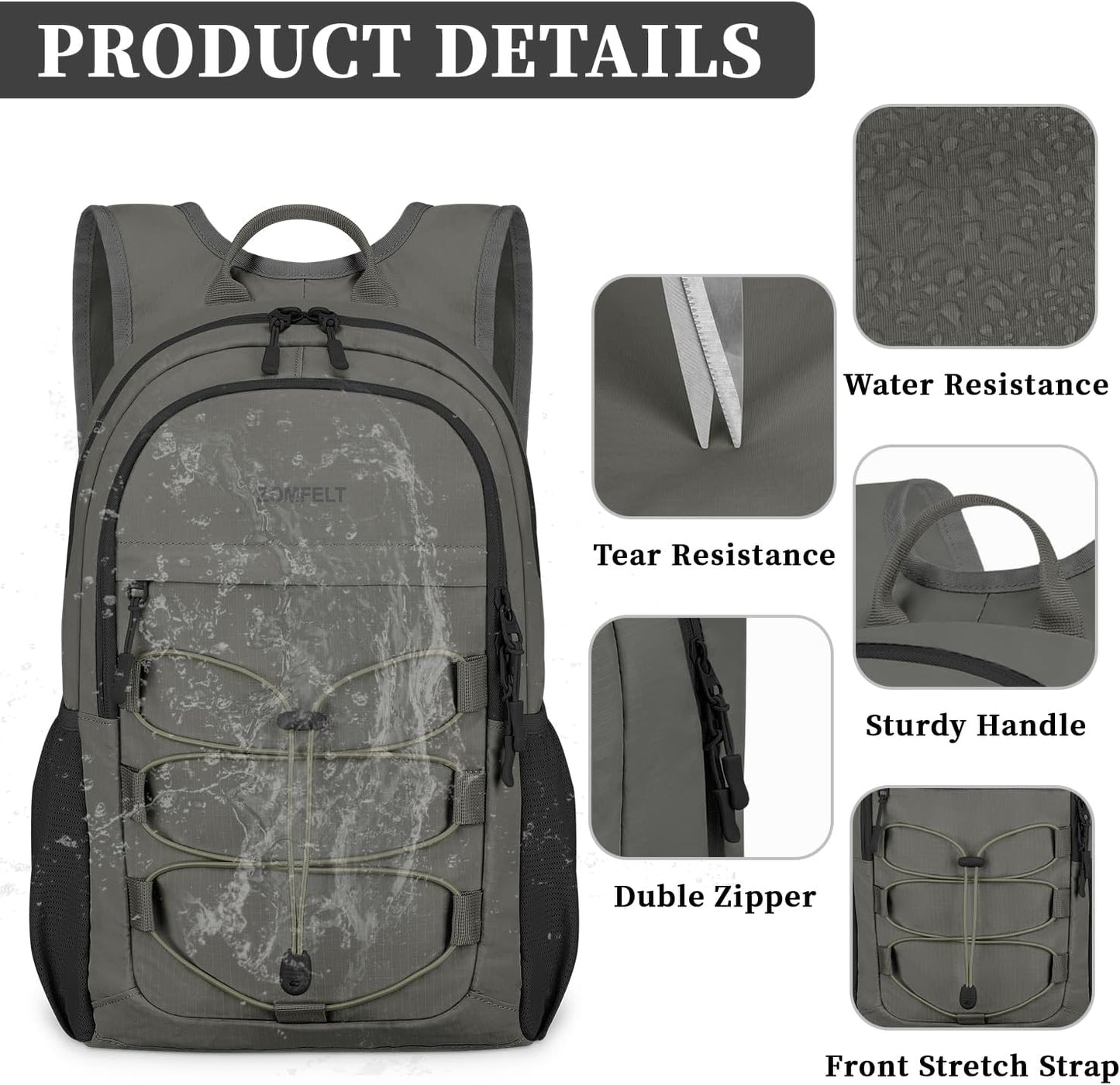 ZOMFELT Hiking Backpack for Women Men, 15L Lightweight Packable Backpacks for Trip, Water Resistant Small Travel Backpack, Foldable daypack for Hiking, Walking, Cycling, Camping, Grey & Black - Roamly
