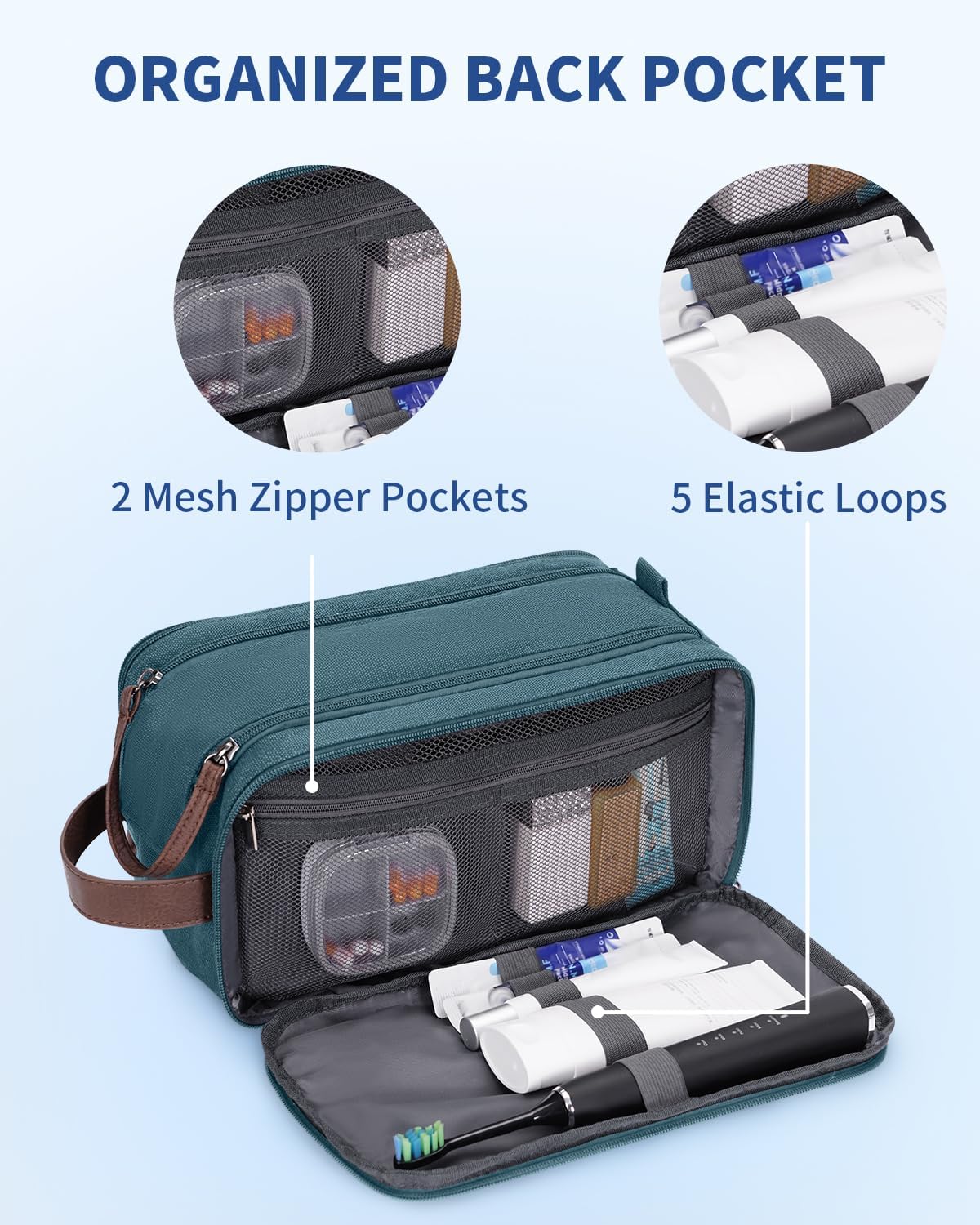 WANDF Toiletry Bag for Men Travel Toiletry Organizer Canvas and Leather Dopp Kit Water-Resistant Shaving Bag for Travel Accessories (Blue-Green, Large) - Roamly