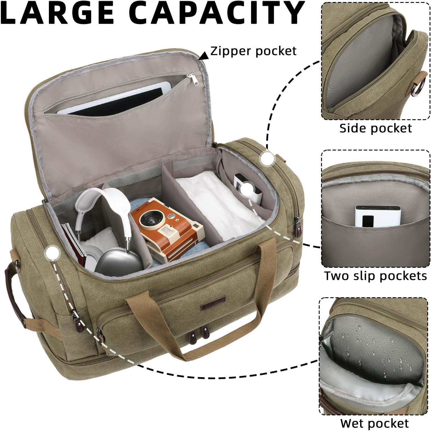 ZOMFELT Duffle Bag for travel, 40L Canvas Travel Duffel Bags for Men Women, Water Resistant Overnight Weekender Bag with Toiletry Bag & Shoe Compartment, Carry on Luggage Bag for Travel, Gym, Green - Roamly