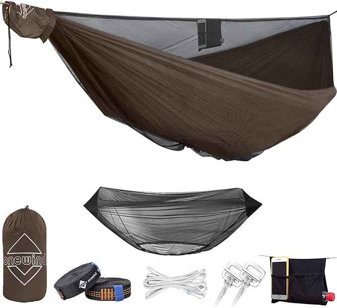OneWind 11ft Portable Camping Hammock with Mosquito Net, Adjustable Ridgeline Double Hammock with 2*12Ft Tree Straps, Coyote Brown