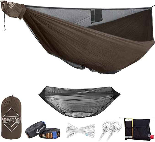 OneWind 11ft Portable Camping Hammock with Mosquito Net, Adjustable Ridgeline Double Hammock with 2*12Ft Tree Straps, Coyote Brown