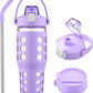 MUKOKO 32 oz Glass Tumbler with Straw,Glass Water Bottles with Time Marker,Iced Coffee Cup with 2 Lids-Handle Spout Lid&Straw Lid,Silicone Sleeve,Leakproof,1 Pack-Purple