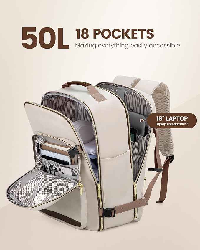 LOVEVOOK Travel Backpack for Women & Men 50L,Airline Approved Carry On Backpack Travel Essentials,TSA Carry on Luggage,Waterproof Personal Item Travel Bag,Suitcase with 3 Packing Cubes,Primary-Coffee