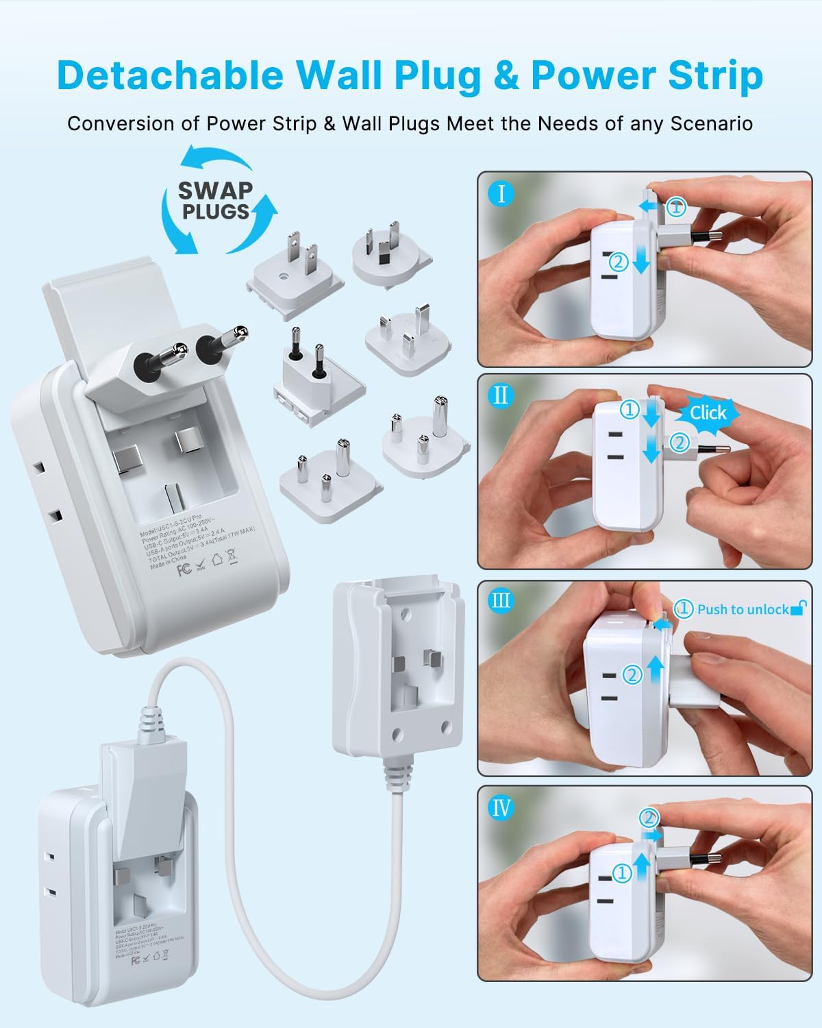 VINTAR Universal Travel Adapter Kit, 5ft Detachable Extension Cord with 4 AC Outlets & 3 USB(2 USB C), Type A/C/G/D/I/M International Power Adaptor for US to Europe UK India South Africa Japan