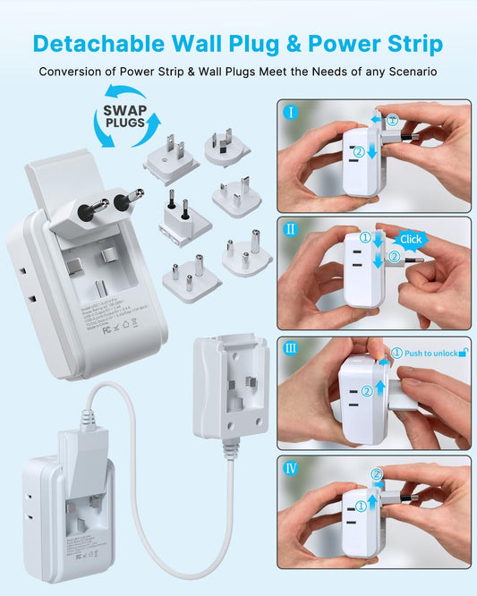 VINTAR Universal Travel Adapter Kit, 3ft Detachable Extension Cord with 4 AC Outlets & 3 USB(2 USB C), Type A/C/G/D/I/M International Power Adaptor for US to Europe UK India South Africa Japan