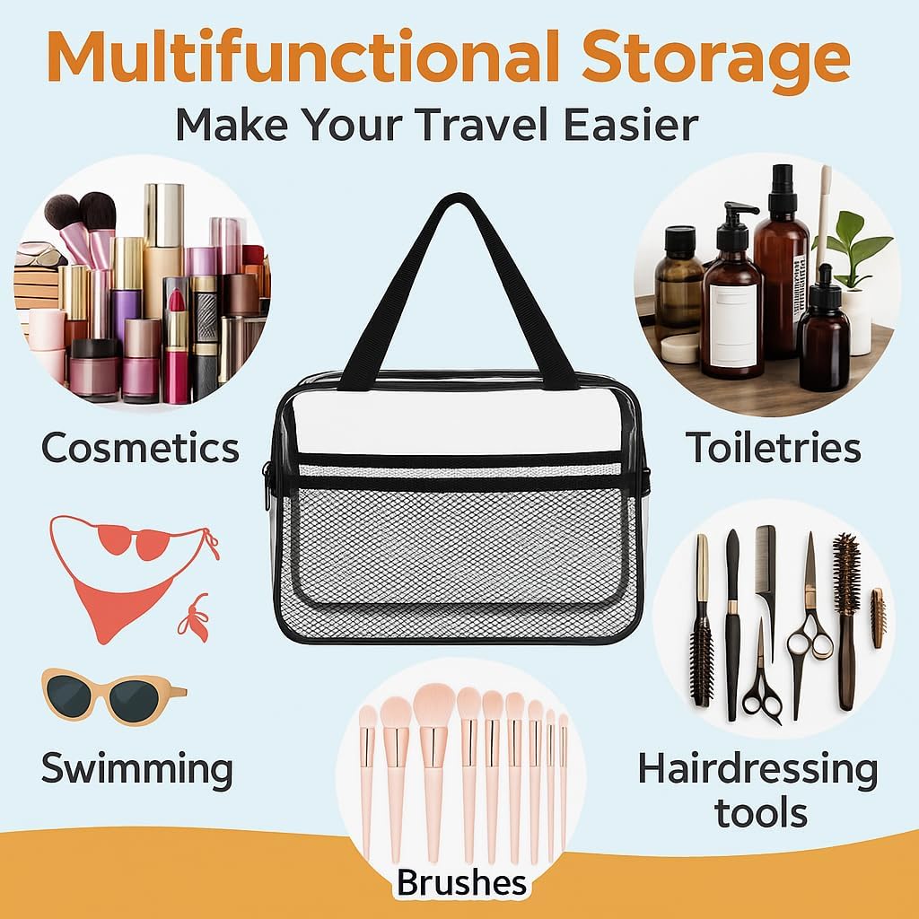 XEWEA 2PCS Middle TSA Approved Clear Travel Toiletry Bags for Men Women, Transparent Makeup Cosmetic Bag with Handle Zipper, Waterproof PVC Quart Organizer Pouch for Airport Airline Essential, Balck - Roamly