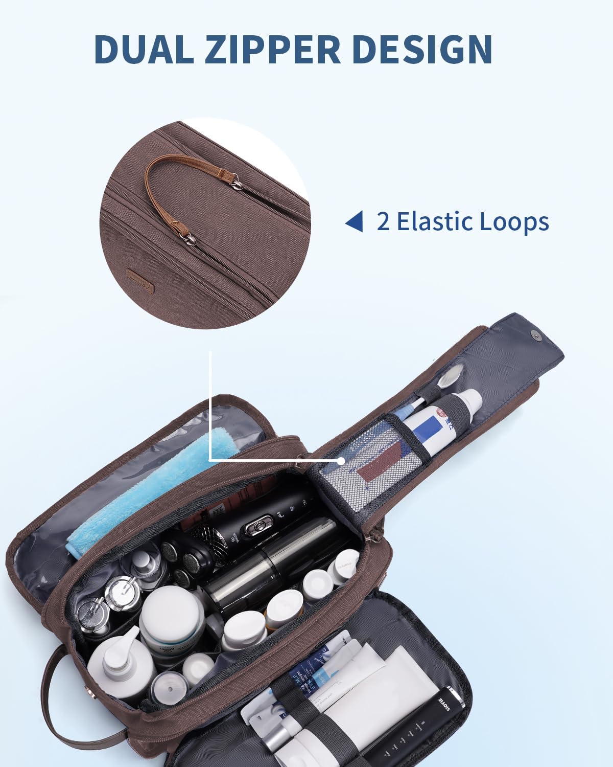 WANDF Toiletry Bag for Men Travel Toiletry Organizer Canvas and Leather Dopp Kit Water-Resistant Shaving Bag for Travel Accessories (Brown, Large) - Roamly