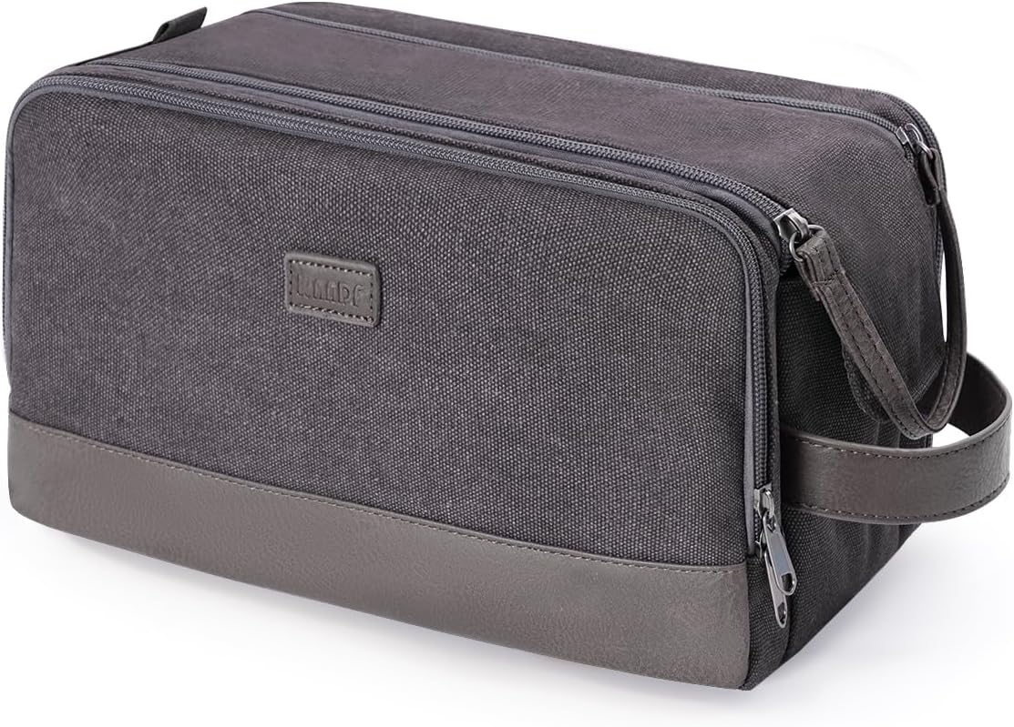 WANDF Toiletry Bag for Men Travel Toiletry Organizer Canvas and Leather Dopp Kit Water-Resistant Shaving Bag for Travel Accessories (Grey, Large) - Roamly