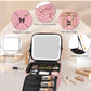 Relavel Travel Makeup Bag With LED Mirror, Compact Cosmetic Organizer Storage with Brush Compartment, 3 Colors in Adjustable Brightness, Adjustable Dividers, Make Up Train Case - Pink Bowknot