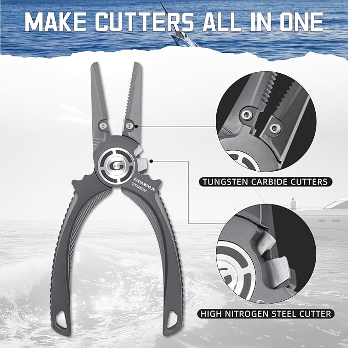 GOMEXUS Titanium Fishing Pliers 7.5'' with Side Cutters, Lanyard & Leather Sheath, Never Rust Hook Remover, Saltwater Resistant, Inshore & Nearshore Fishing (Offshore Straight Nose, 7.5 INCHES)