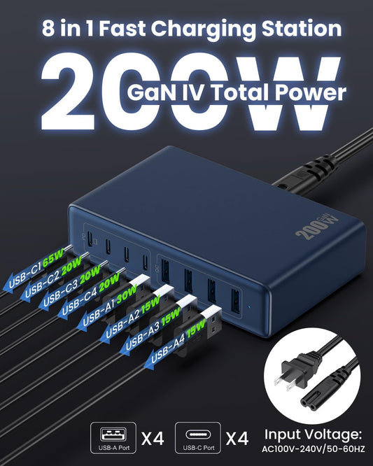 200W USB C Charger Block,GaN IV Charging Station 8 Ports,QC4.0 Fast Charging Station Hub+PD 65W USB C Laptop Charger Adapter Compatible with MacBook Air/Pro,DELL,iPhone 16/15,iPad,Steam Deck-Deep Blue - Roamly