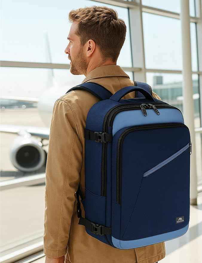 MATEIN Expandable Travel Backpack for Airplanes, Large Capacity Carryon Backpack for Men Women, Water Resistant Airline Approved Bags with Adjustable Shoulder Straps for International Trip, Grey Blue