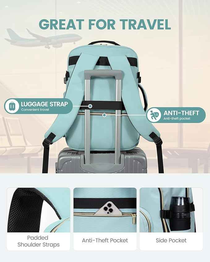 LOVEVOOK Travel Backpack for Women & Men 40L,Airline Approved Carry On Backpack Travel Essentials,TSA Carry on Luggage,Waterproof Personal Item Travel Bag,Suitcase with 3 Packing Cube,Mint green-Black
